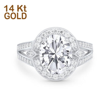 14K White Gold Oval Art Deco Split Shank Bridal Wedding Engagement Ring Simulated CZ Size-7